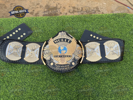 WWF Wing Eagle Hand Flocked Eagle HD CNC Title Belt HD CNC etched WWF logo with hand flocked eagle detailing Made by Royal Belts
