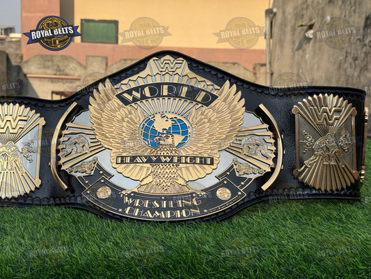 WWF Wing Eagle oversized belt with gold plated CNC center plate, black leather strap, HD polished finish Made by Royal Belts