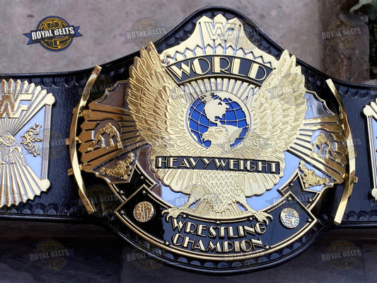 WWF Winged Eagle CNC Championship Title Belt HD CNC gold center plate with black stitched leather strap Designed by Royal Belts