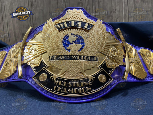 WWF Winged Eagle Championship Title Belt gold center plate with blue stitched leather strap and HD CNC engraving Manufacture by Royal Belts