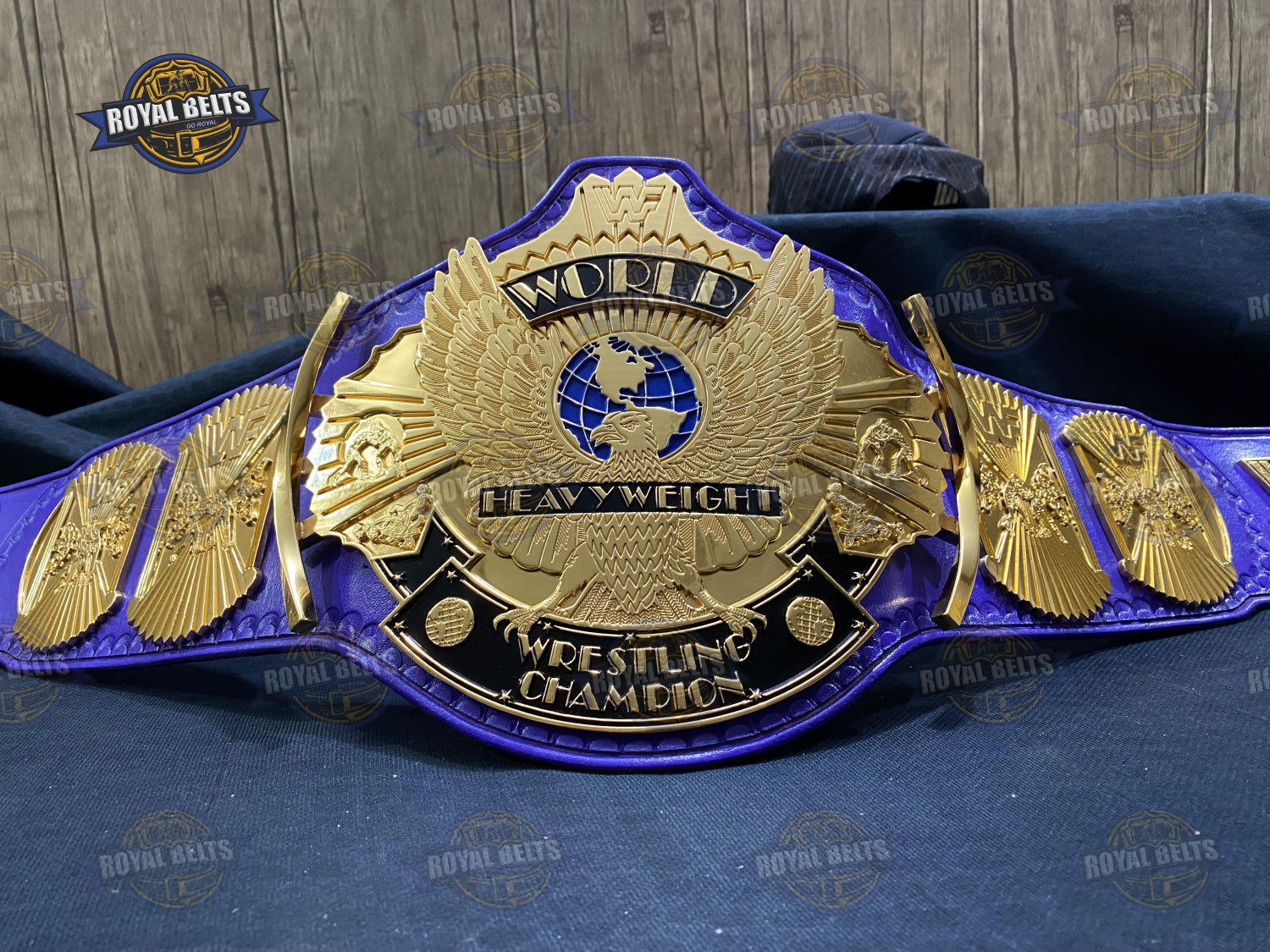 Winged Eagle Championship Title Belt raised eagle centerpiece with polished gold plates and stitched strap Manufacture by Royal Belts