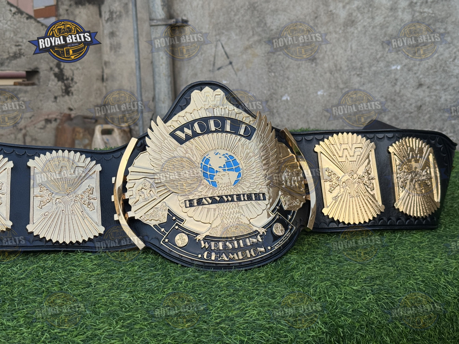 WWF Winged Eagle Championship Title Belt HD CNC raised lettering with smooth stitched leather backing Crafted by Royal Belts