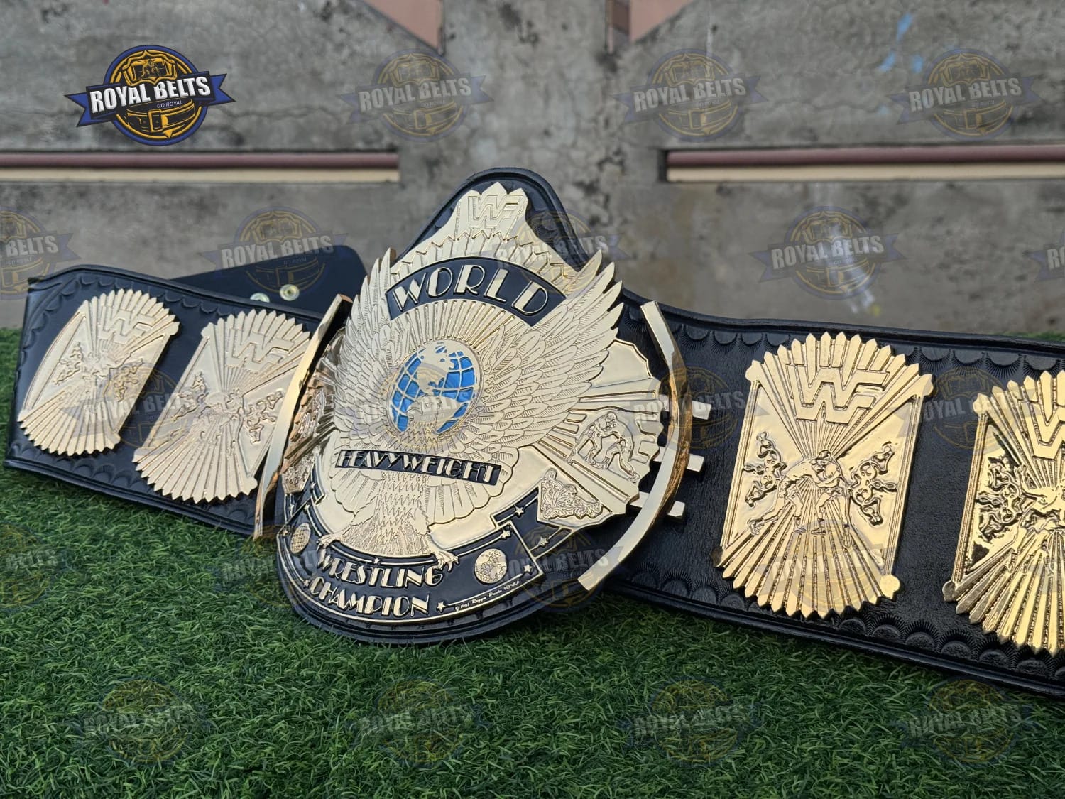 WWF Winged Eagle Championship Title Belt heavyweight gold plates with intricate winged eagle engraved accents Crafted by Royal Belts