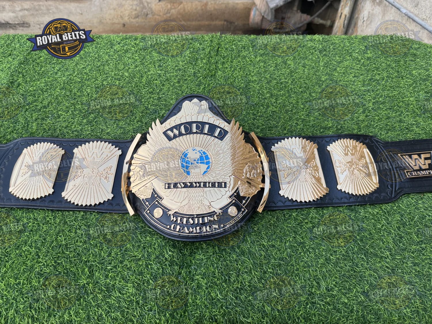 WWF Winged Eagle Championship Title Belt beveled edges with reinforced snap fasteners for secure fit Crafted by Royal Belts