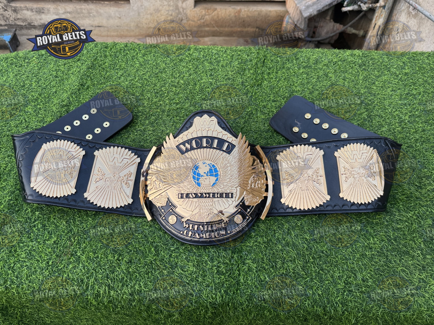 WWF Winged Eagle Championship Title Belt flexible stitched leather strap with mirror polished gold plates