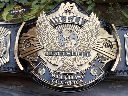 WWF Winged Eagle Custom Antique Championship Title Belt HD CNC gold antique center plate with black leather strap Made by Royal Belts