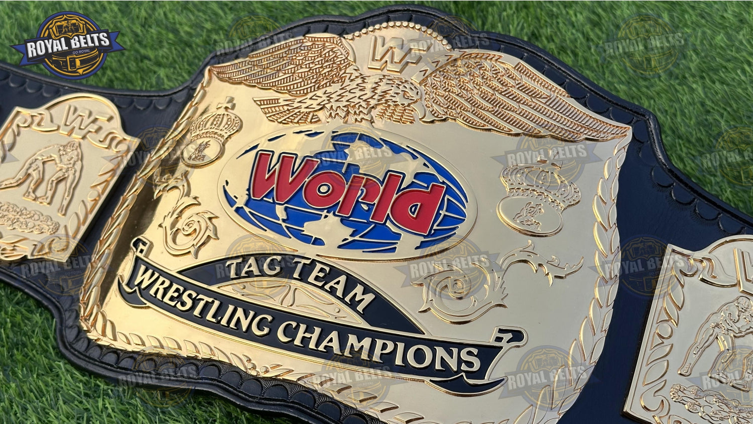 WWF Tag Team Championship CNC Title Belt heavyweight gold plates with engraved side plates on black leather strap Made by Royal Belts
