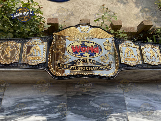 WWF World Tag Team Belt HD CNC with polished dual center plate and black leather strap Manufacture by Royal Belts