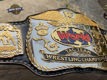 WWF World Tag Team HD Belt featuring engraved globe logo and mirror gold finish WWF World Tag Team Championship HD CNC Belt featuring engraved globe logo and mirror gold finish