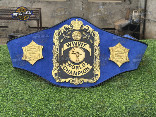 WWWF World Heavyweight Championship Title Belt HD CNC gold center plate with black stitched leather strap Designed by Royal Belts
