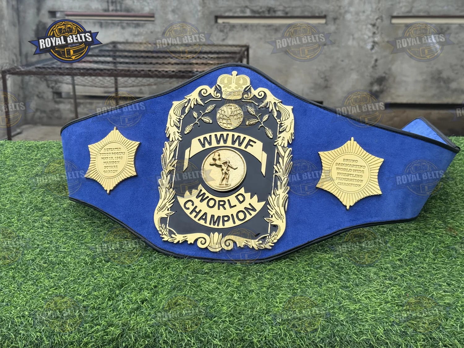 WWWF World Heavyweight Championship Title Belt HD CNC engraved WWWF logo with polished gold finish Designed by Royal Belts