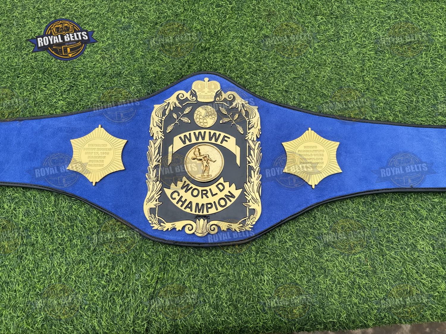 WWWF World Heavyweight Championship Title Belt beveled gold edges with reinforced snap fasteners