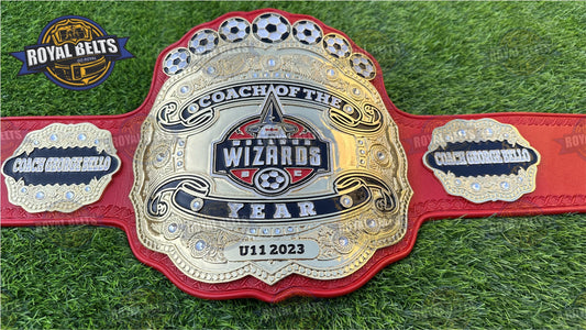 Wizard Coach of Year Title Belt zinc plated football belt with stacked metal plates Handmade by Royal Belts