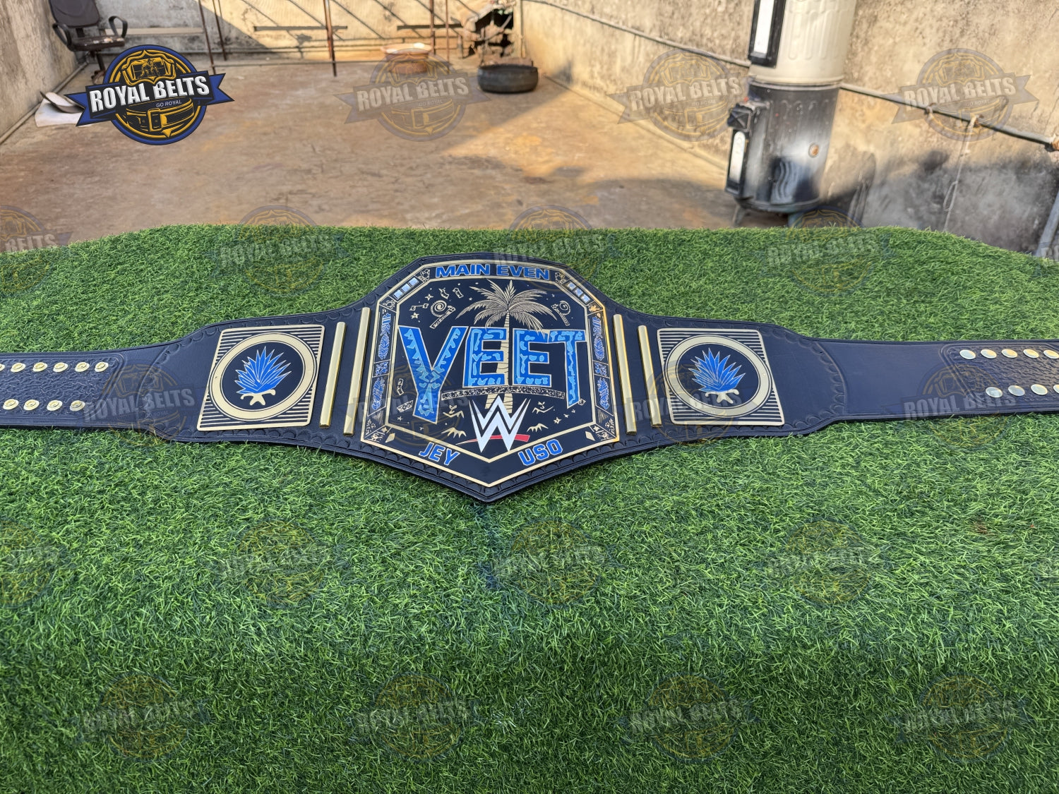 YEET Heavyweight Wrestling Championship Title Belt mirror polished gold plates on flexible leather backing
